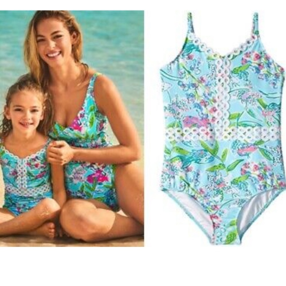 Lilly Pulitzer Girls  UPF 50+ Mals Swimsuit size 14 Bali Blue Sway This Way NWT